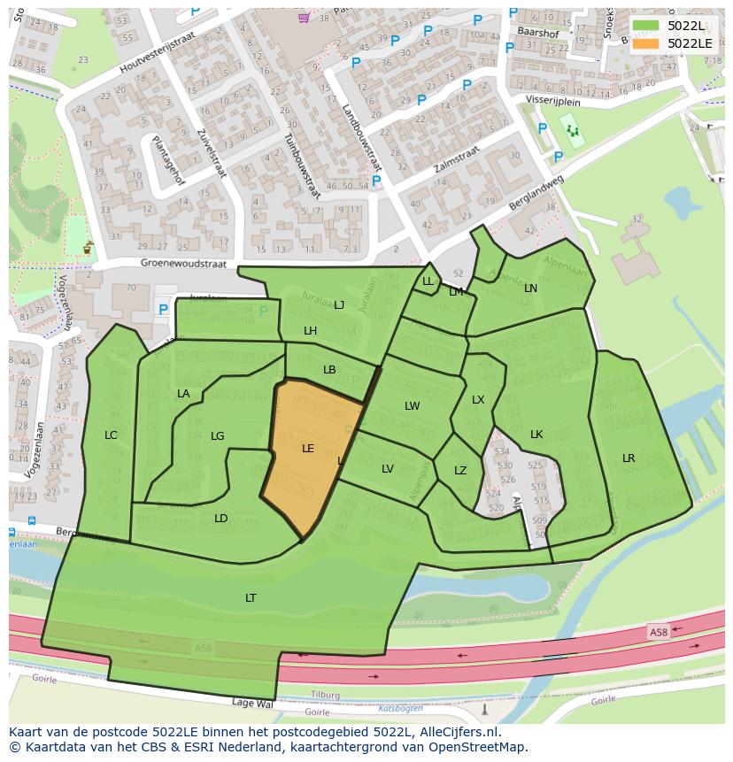 Afbeelding van het postcodegebied 5022 LE op de kaart.