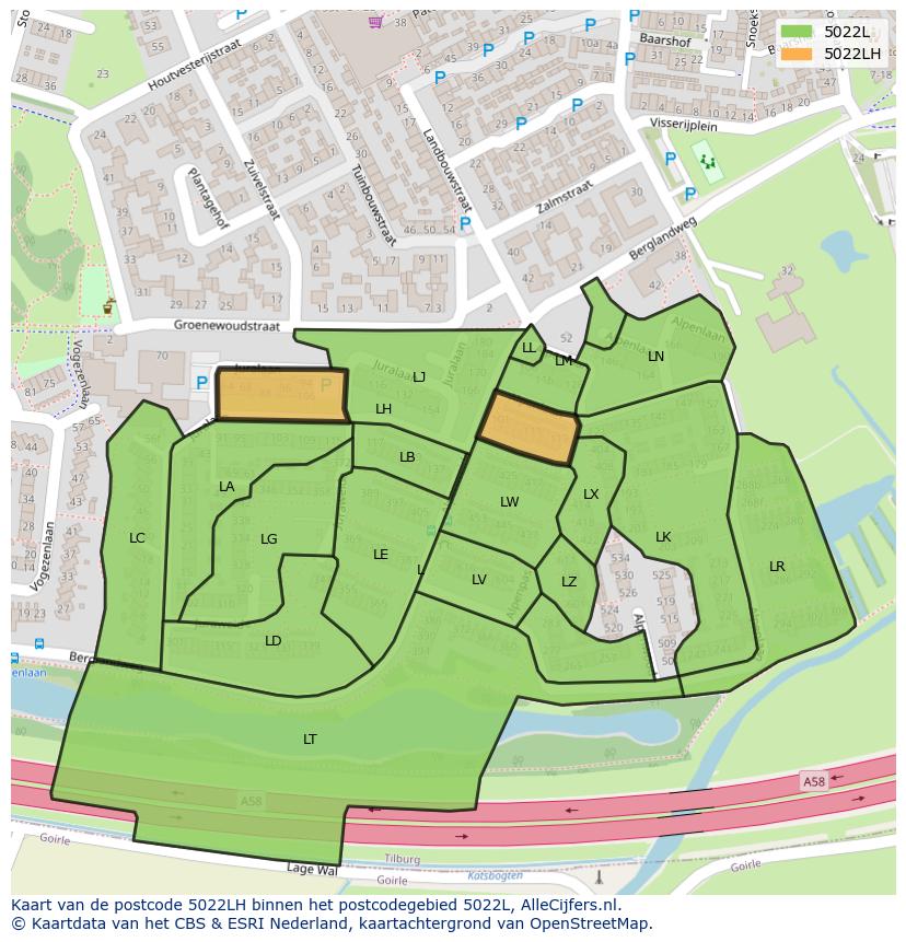 Afbeelding van het postcodegebied 5022 LH op de kaart.