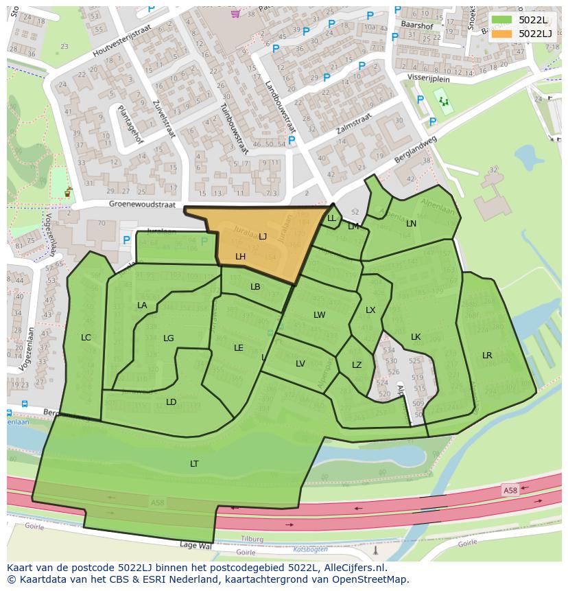 Afbeelding van het postcodegebied 5022 LJ op de kaart.