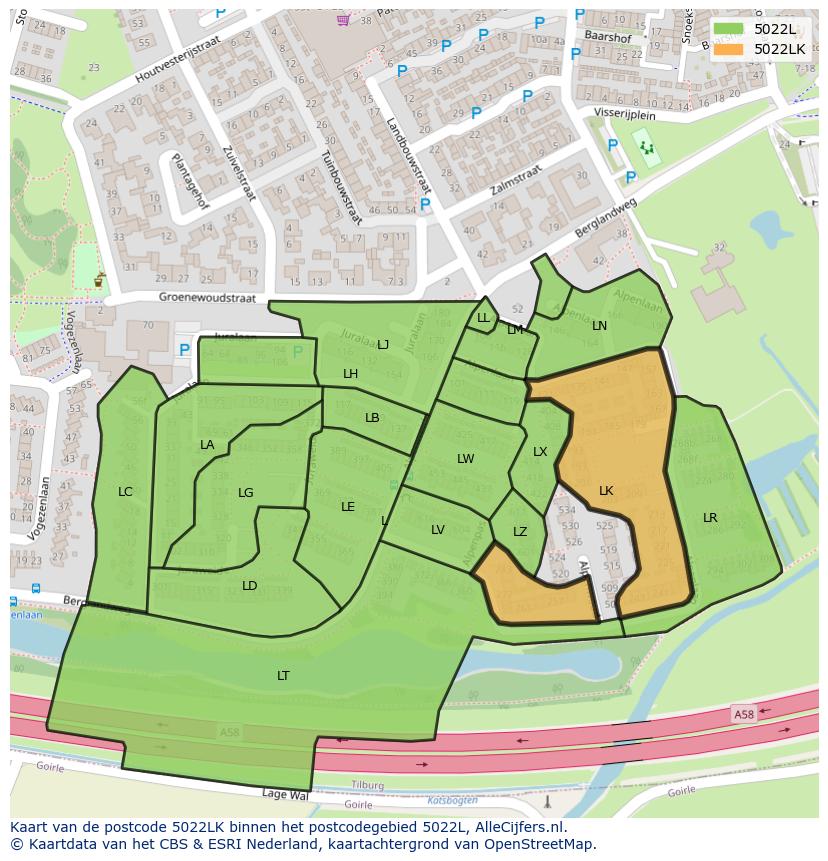 Afbeelding van het postcodegebied 5022 LK op de kaart.