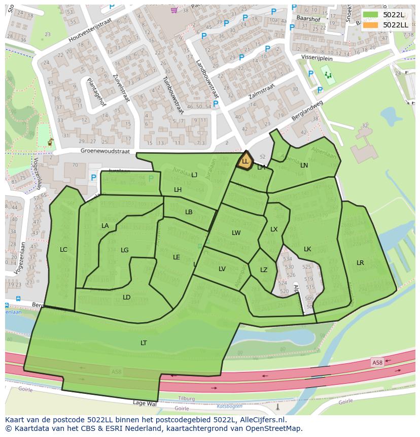 Afbeelding van het postcodegebied 5022 LL op de kaart.