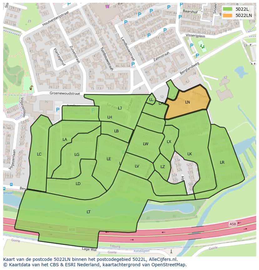 Afbeelding van het postcodegebied 5022 LN op de kaart.
