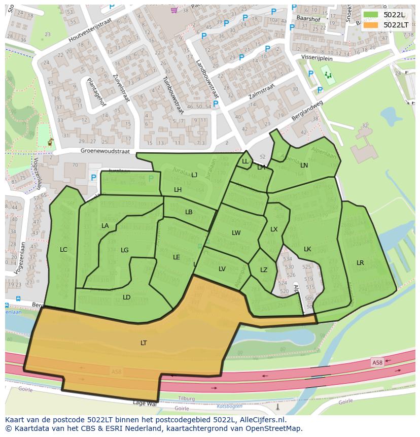 Afbeelding van het postcodegebied 5022 LT op de kaart.