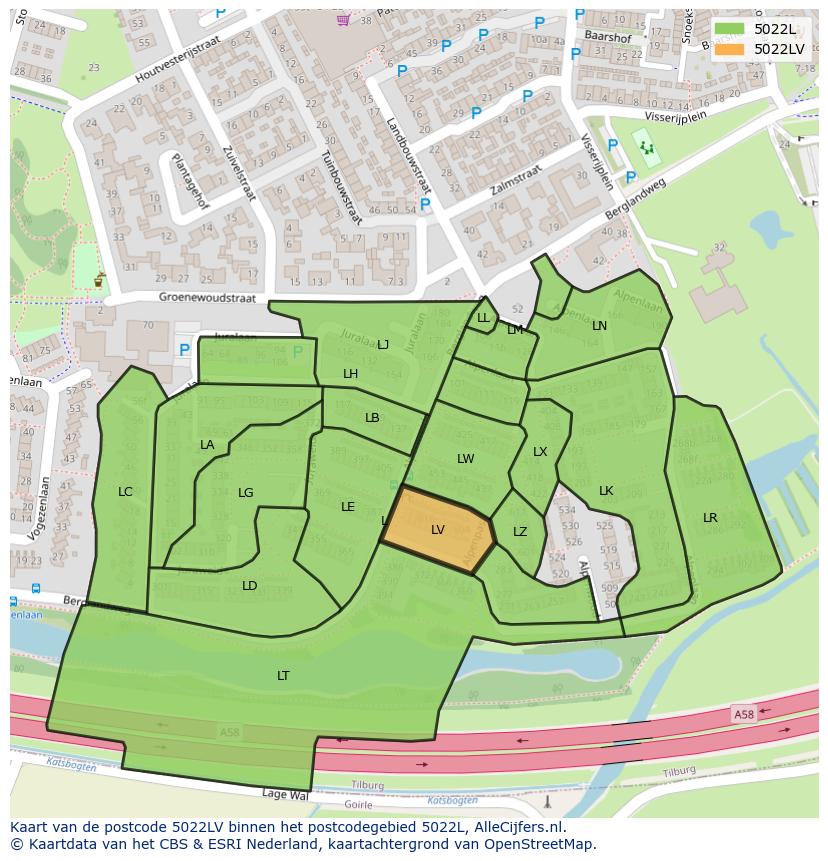 Afbeelding van het postcodegebied 5022 LV op de kaart.