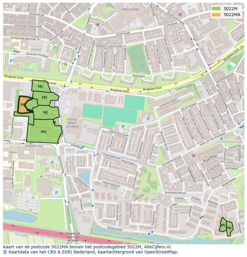 Afbeelding van het postcodegebied 5022 MA op de kaart.