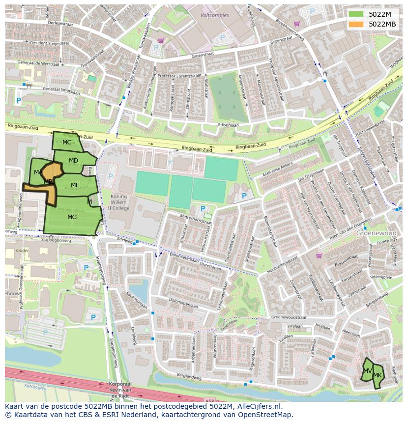 Afbeelding van het postcodegebied 5022 MB op de kaart.