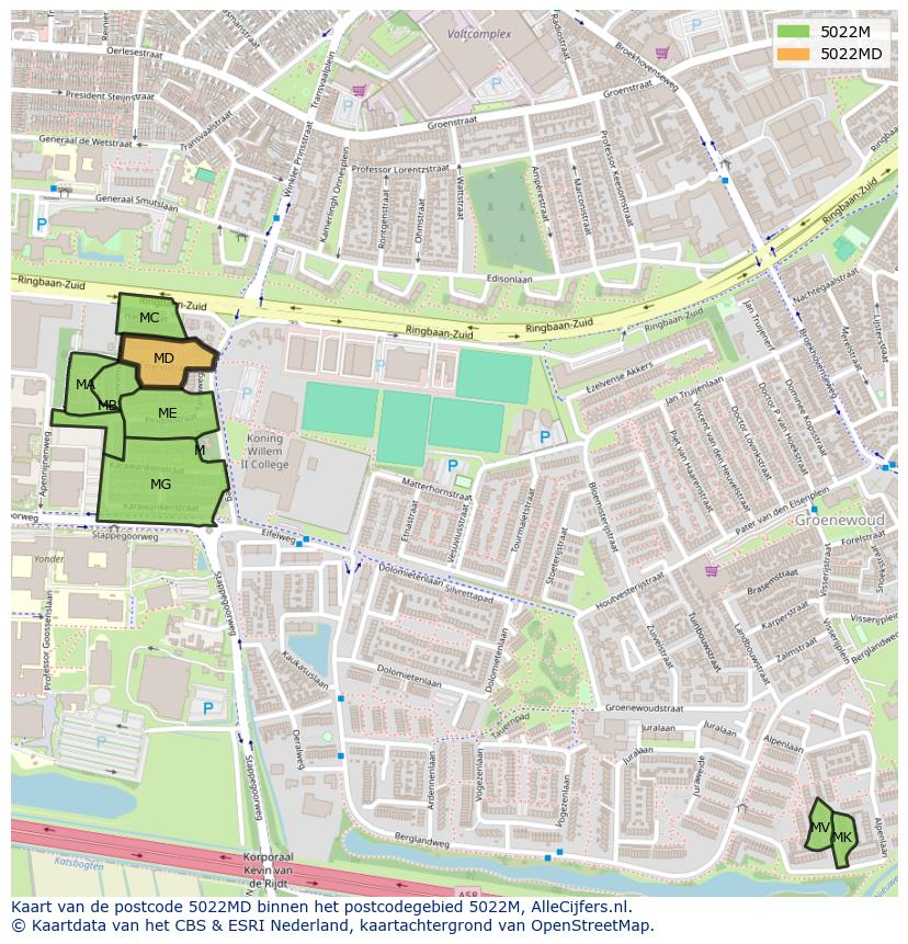 Afbeelding van het postcodegebied 5022 MD op de kaart.