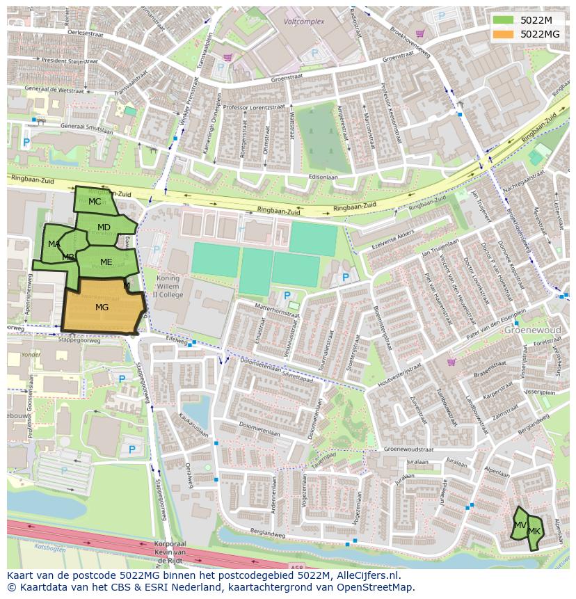 Afbeelding van het postcodegebied 5022 MG op de kaart.