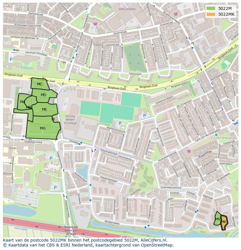 Afbeelding van het postcodegebied 5022 MK op de kaart.