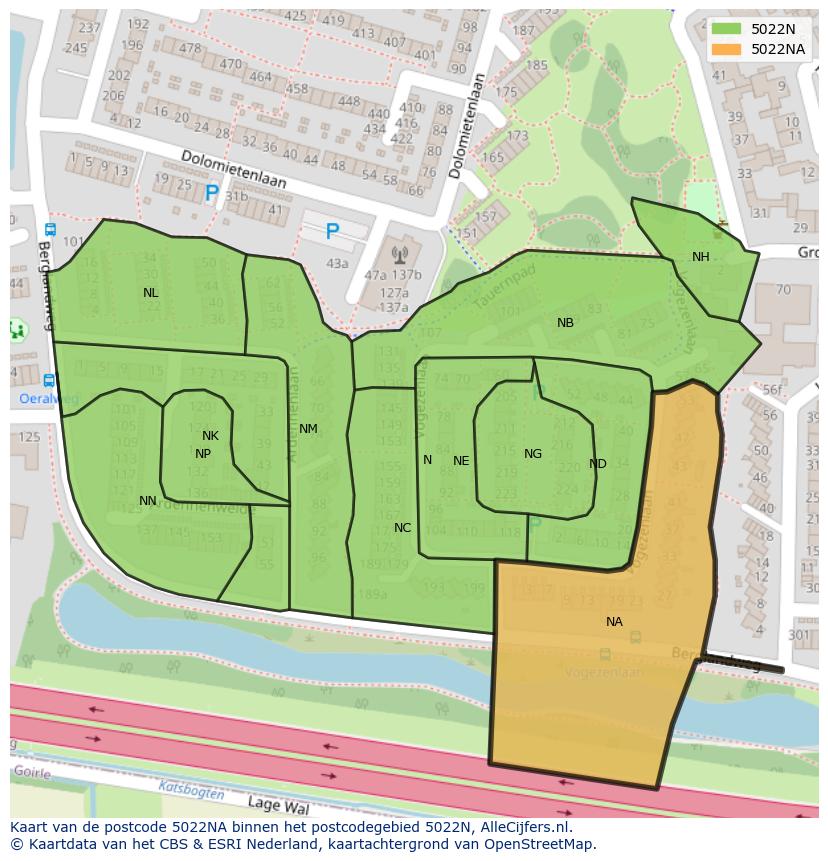 Afbeelding van het postcodegebied 5022 NA op de kaart.
