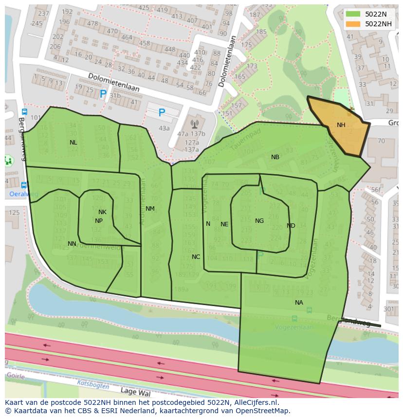 Afbeelding van het postcodegebied 5022 NH op de kaart.