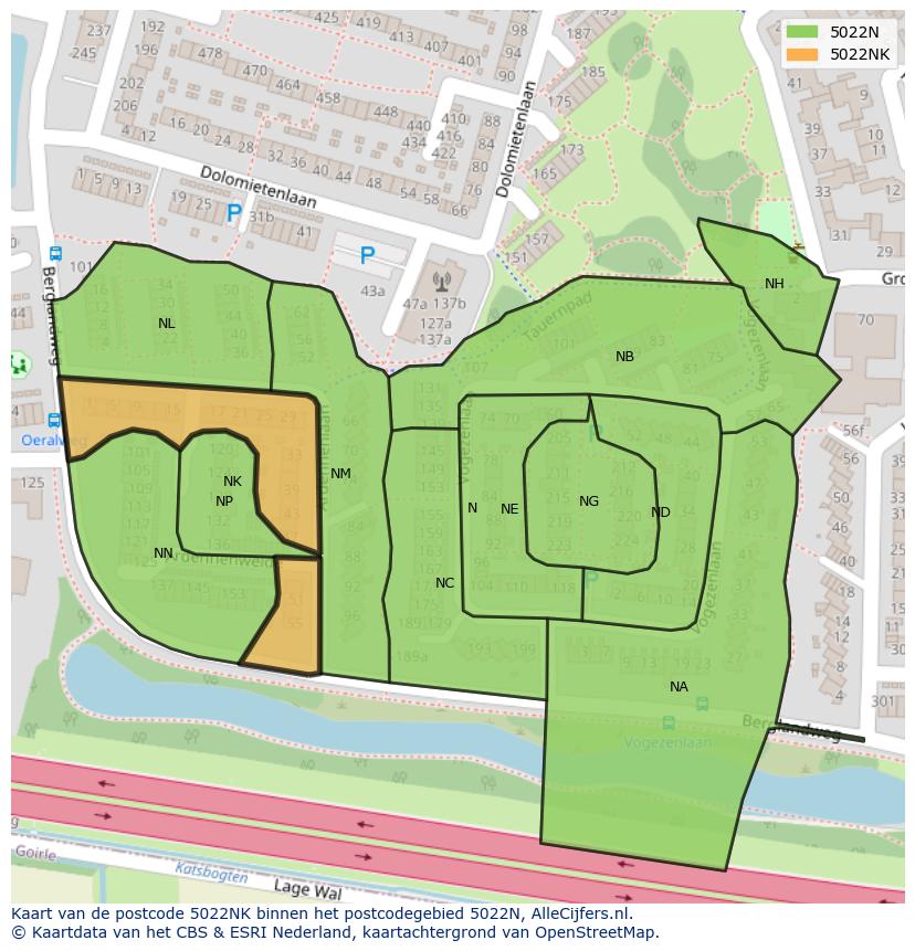 Afbeelding van het postcodegebied 5022 NK op de kaart.
