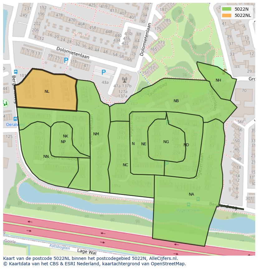 Afbeelding van het postcodegebied 5022 NL op de kaart.
