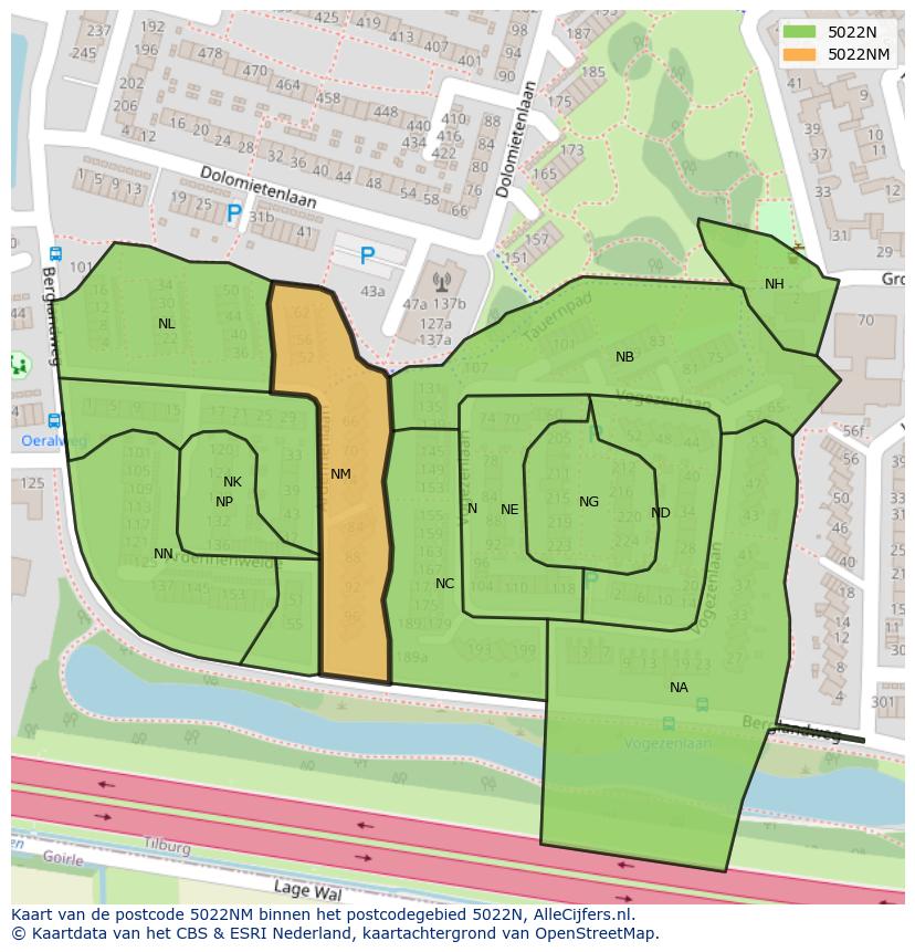 Afbeelding van het postcodegebied 5022 NM op de kaart.