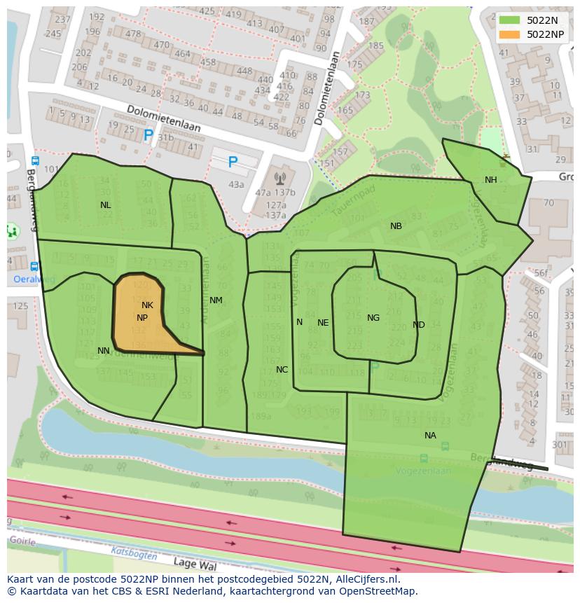 Afbeelding van het postcodegebied 5022 NP op de kaart.