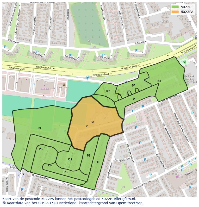 Afbeelding van het postcodegebied 5022 PA op de kaart.