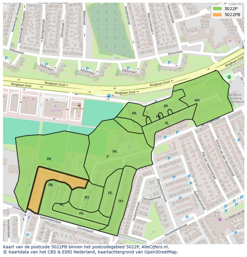 Afbeelding van het postcodegebied 5022 PB op de kaart.