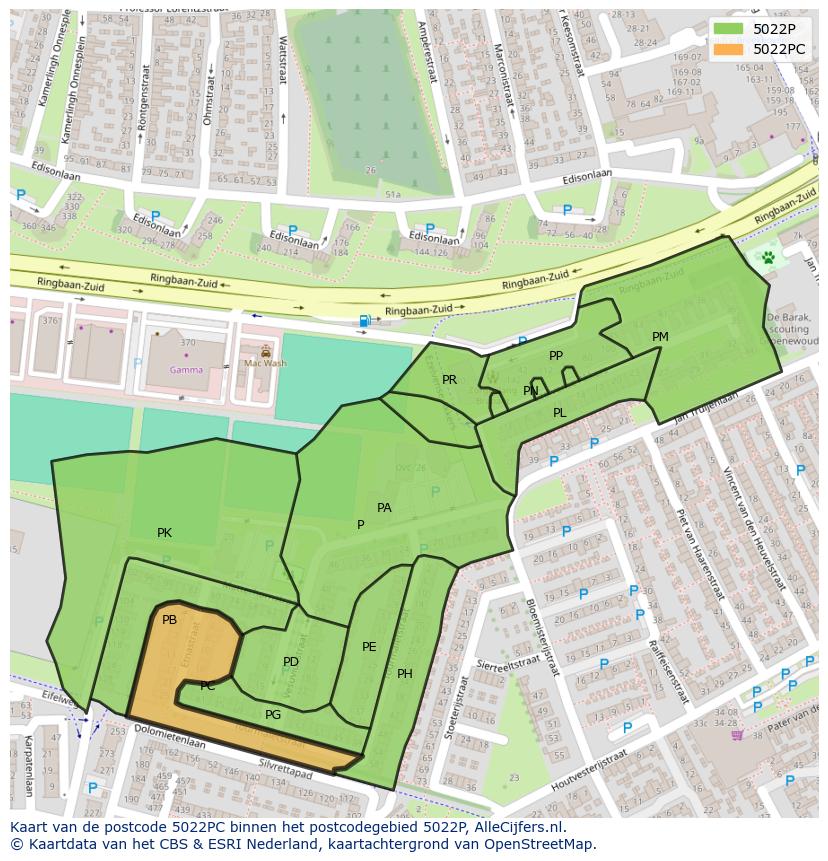 Afbeelding van het postcodegebied 5022 PC op de kaart.