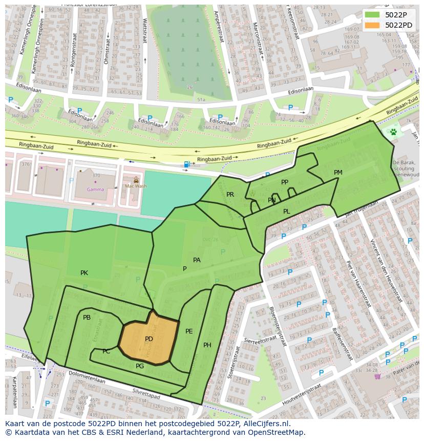 Afbeelding van het postcodegebied 5022 PD op de kaart.