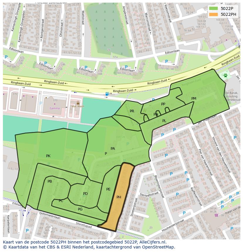 Afbeelding van het postcodegebied 5022 PH op de kaart.