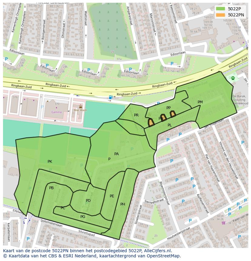 Afbeelding van het postcodegebied 5022 PN op de kaart.