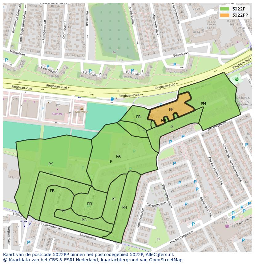 Afbeelding van het postcodegebied 5022 PP op de kaart.