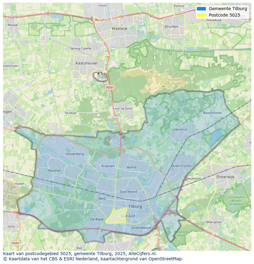 Afbeelding van het postcodegebied 5025 op de kaart.