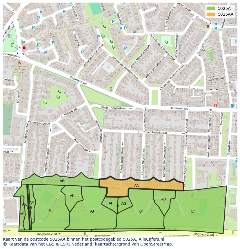 Afbeelding van het postcodegebied 5025 AA op de kaart.