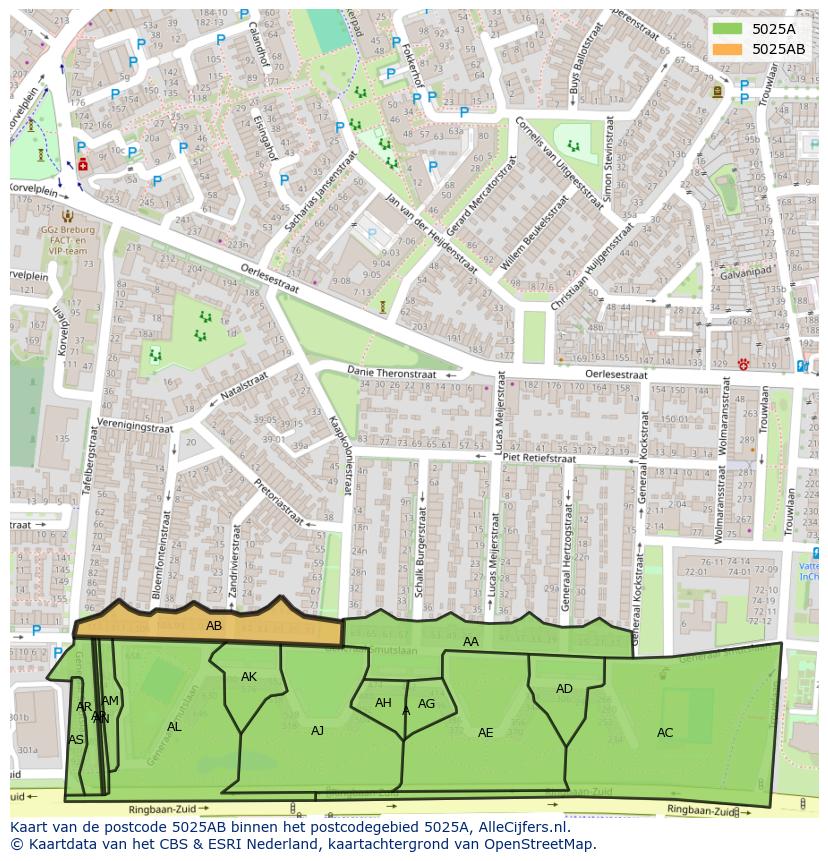 Afbeelding van het postcodegebied 5025 AB op de kaart.
