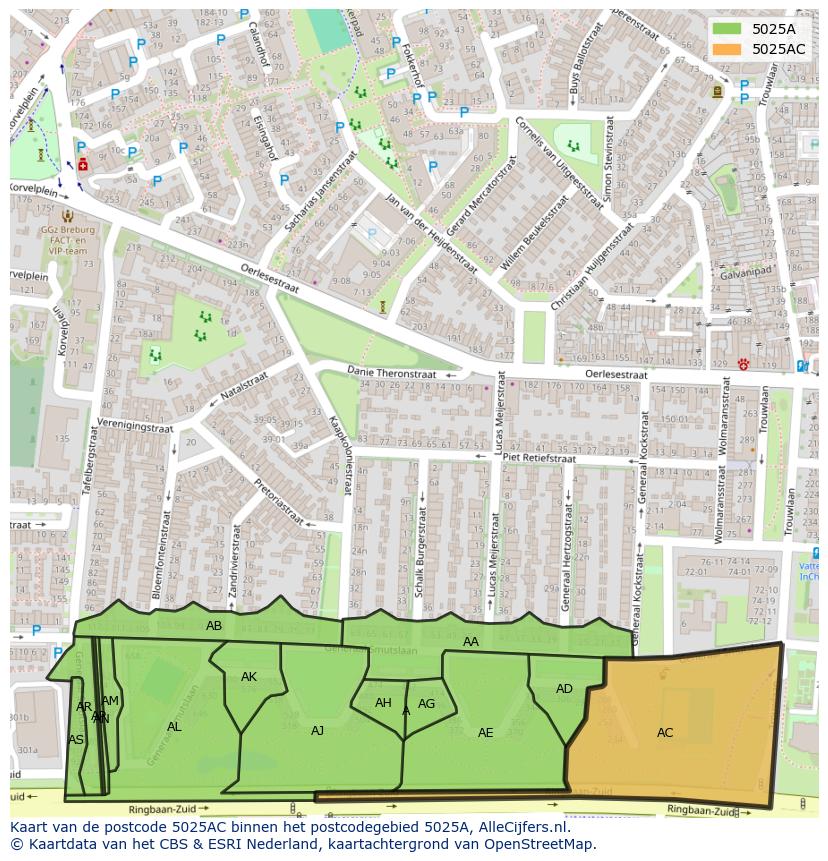 Afbeelding van het postcodegebied 5025 AC op de kaart.