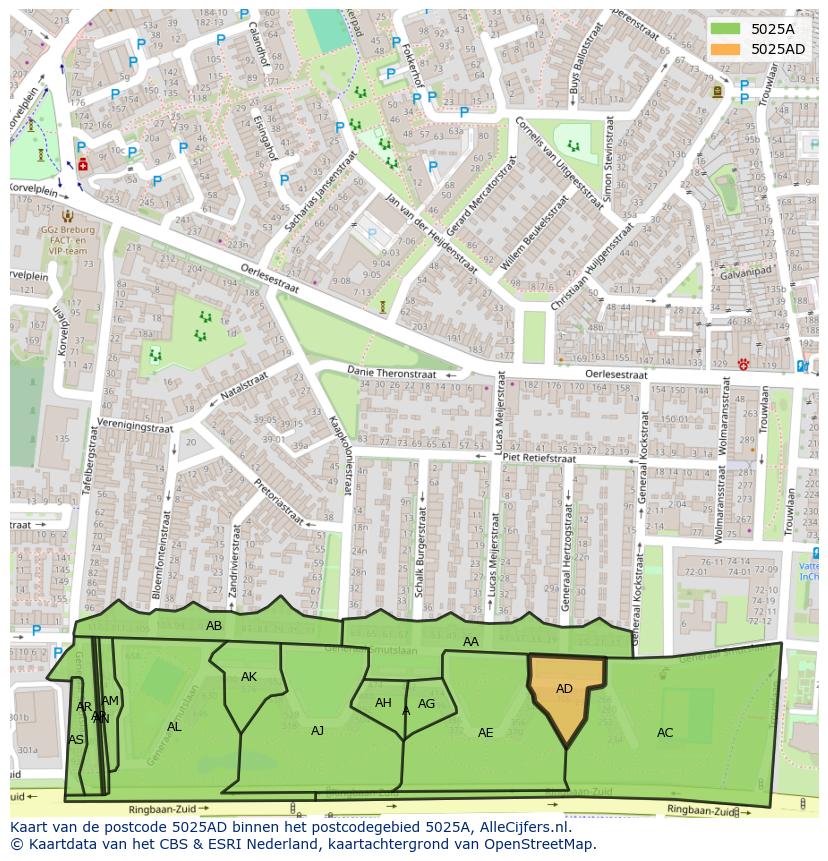 Afbeelding van het postcodegebied 5025 AD op de kaart.