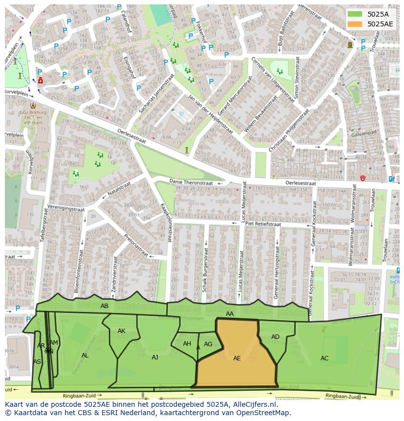 Afbeelding van het postcodegebied 5025 AE op de kaart.