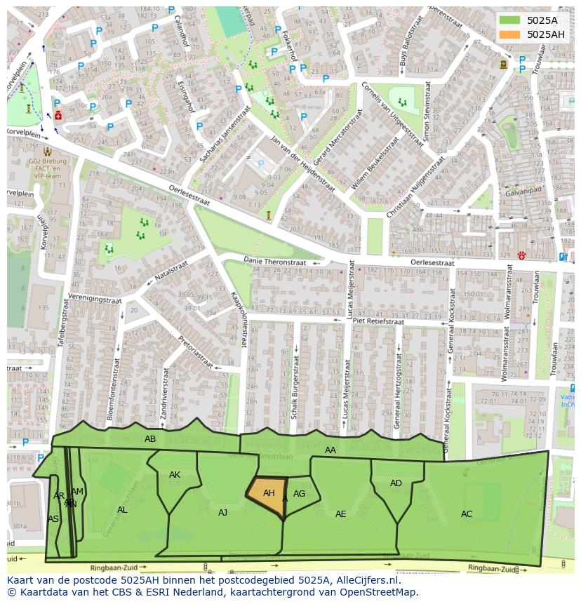 Afbeelding van het postcodegebied 5025 AH op de kaart.