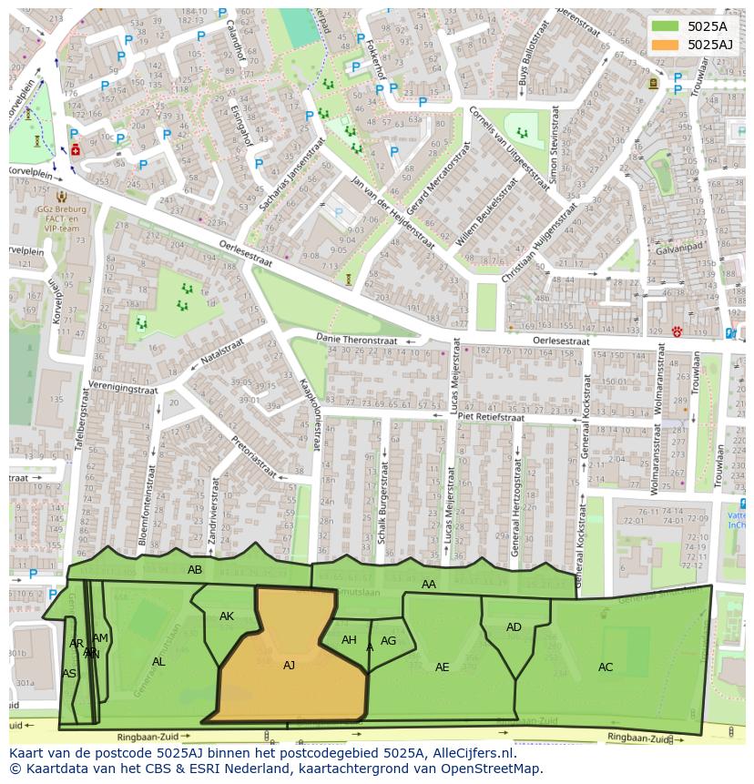 Afbeelding van het postcodegebied 5025 AJ op de kaart.