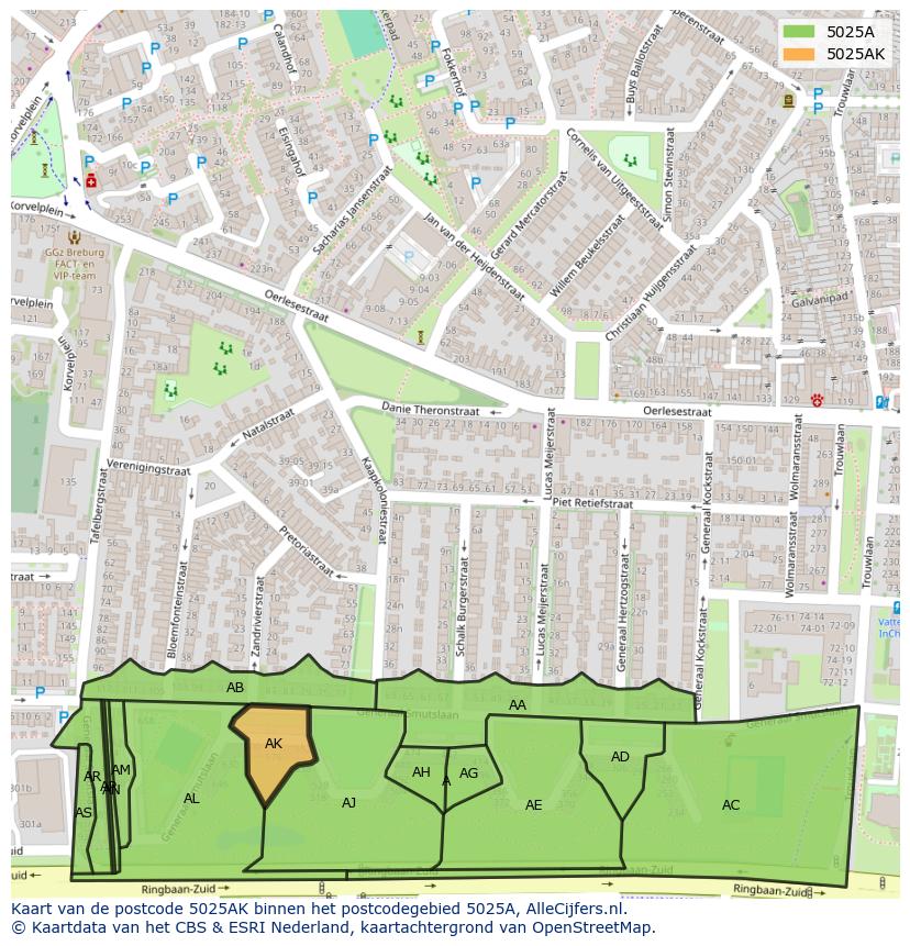 Afbeelding van het postcodegebied 5025 AK op de kaart.