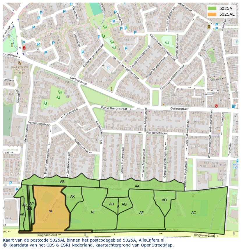 Afbeelding van het postcodegebied 5025 AL op de kaart.