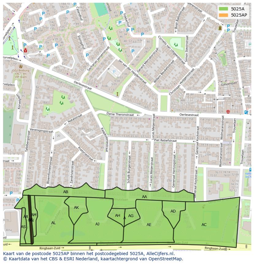 Afbeelding van het postcodegebied 5025 AP op de kaart.