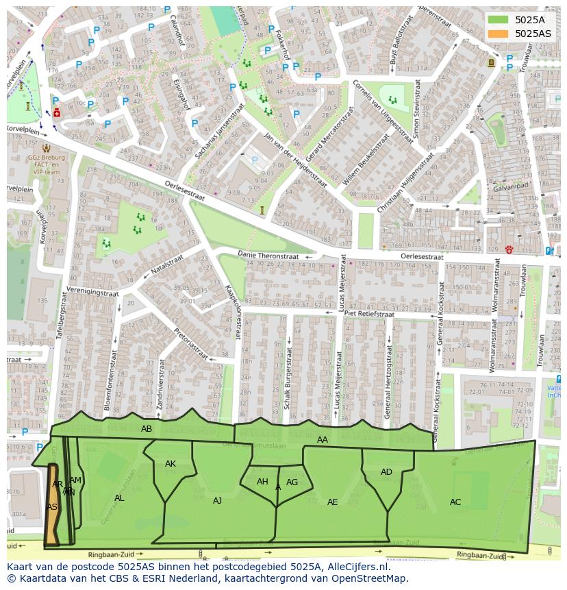 Afbeelding van het postcodegebied 5025 AS op de kaart.