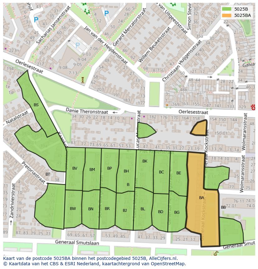 Afbeelding van het postcodegebied 5025 BA op de kaart.