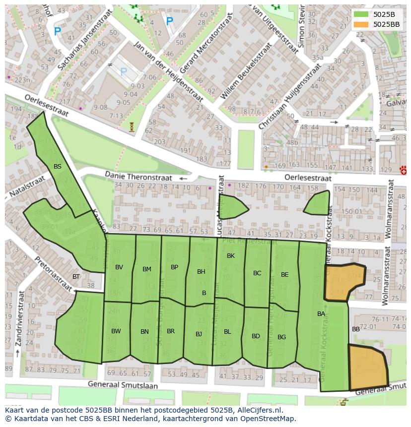 Afbeelding van het postcodegebied 5025 BB op de kaart.