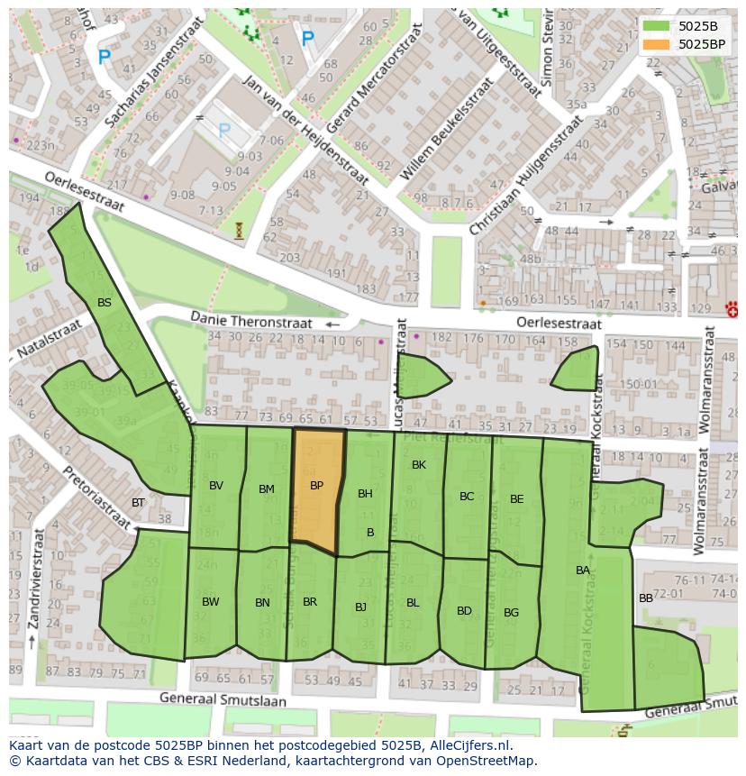 Afbeelding van het postcodegebied 5025 BP op de kaart.