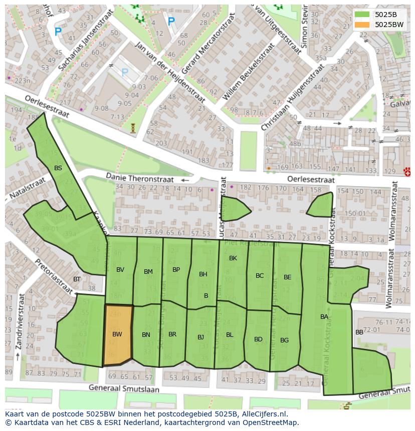 Afbeelding van het postcodegebied 5025 BW op de kaart.