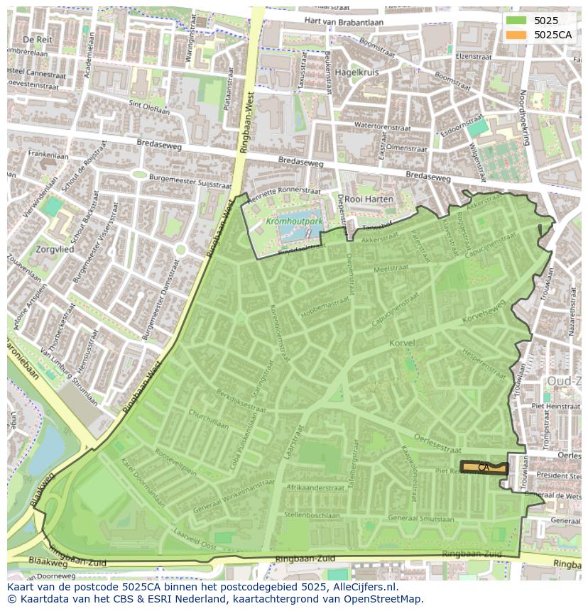 Afbeelding van het postcodegebied 5025 CA op de kaart.