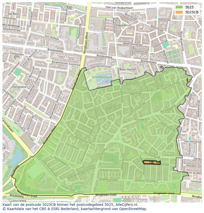 Afbeelding van het postcodegebied 5025 CB op de kaart.