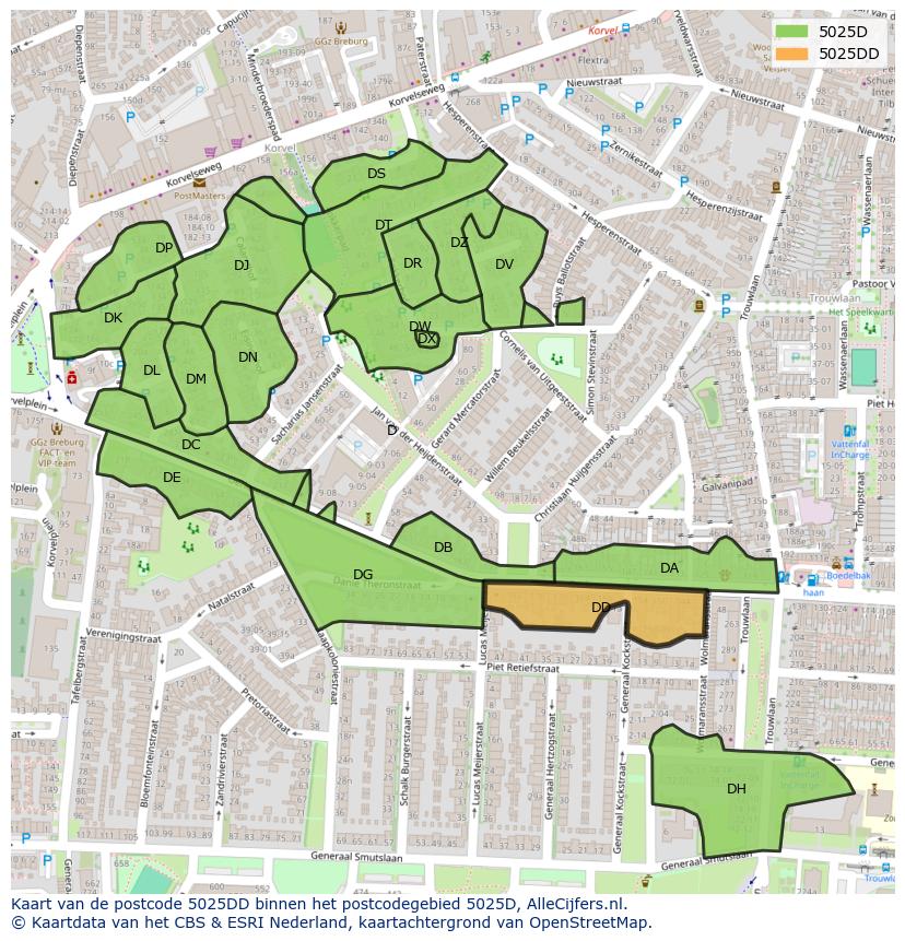 Afbeelding van het postcodegebied 5025 DD op de kaart.