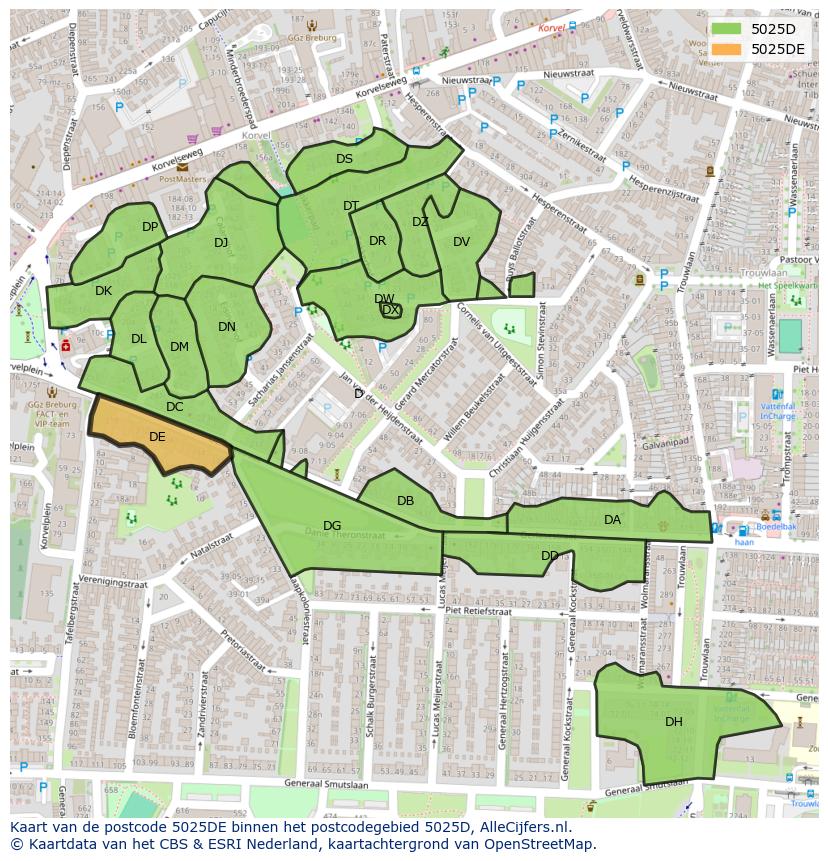 Afbeelding van het postcodegebied 5025 DE op de kaart.