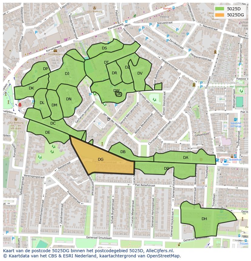 Afbeelding van het postcodegebied 5025 DG op de kaart.