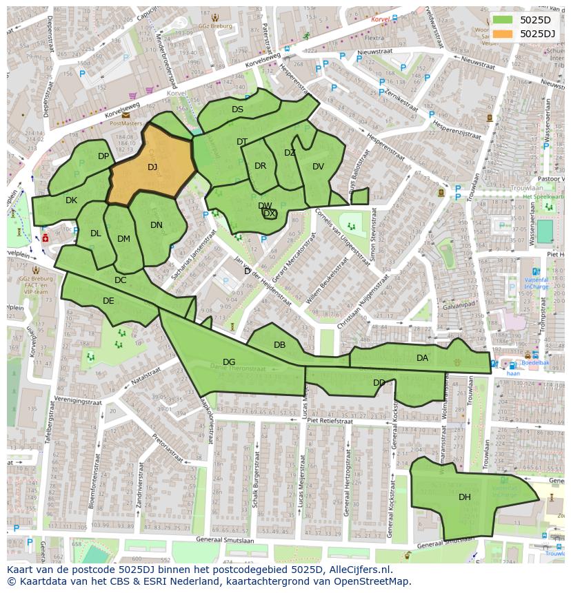 Afbeelding van het postcodegebied 5025 DJ op de kaart.