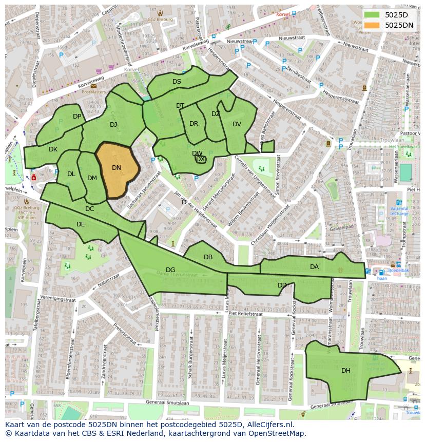 Afbeelding van het postcodegebied 5025 DN op de kaart.