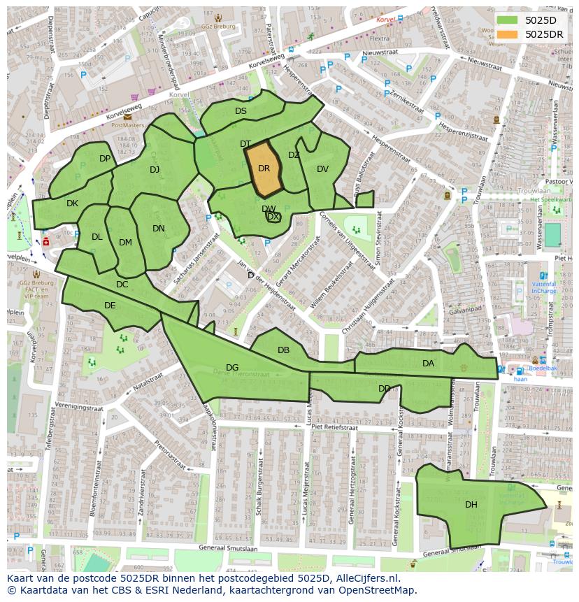 Afbeelding van het postcodegebied 5025 DR op de kaart.